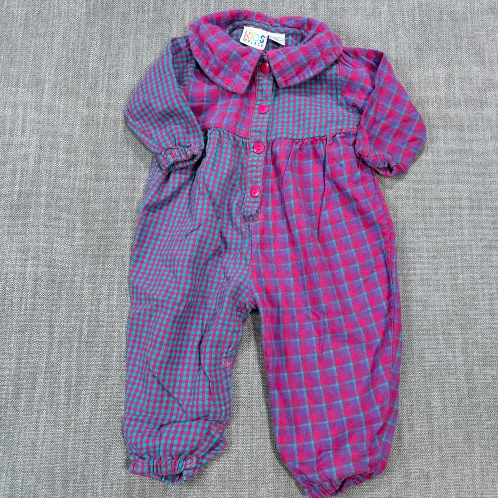Vintage Kids Place Baby Girls Mixed Plaid Gingham Flannel Romper Pink Teal 18M